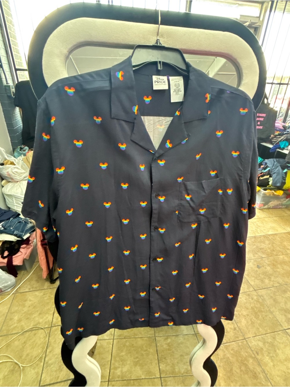 Disney Pure Collection Navy Short Sleeve Button-Down with Rainbow Heart Motif